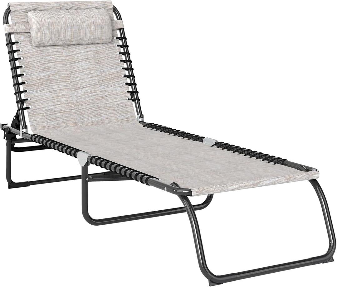 Outsunny Folding Chaise Lounge Chair, Patio Sun Tanning Chair, Outdoor Chaise Lounger with 4-Position Reclining Back, Breathable Mesh Seat for Beach, Poolside, Yard, Cream White (Pack of 1)