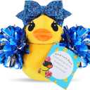 Lenwen Cheer Duck Gift with Pom Poms Bow 8 Inch Duck Plush Senior Cheerleader Gifts Team Support Gift for Senior Night Gifts Cheer Competition Day Must Have (Blue)
