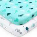 Pack and Play Sheets Fitted, Mini Crib Sheets 2 Pack, Playard Sheets Compatible with Graco Pack n Play, Ultra Soft Breathable Material, Dinosaurs (Aqua)
