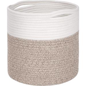 MINTWOOD Design 11 x 11 Inches Cotton Rope Basket for Flower Pot and Indoor Floor Planters, Decorative Round Woven Plant Pot Basket, Planter Covers, Small Dog Toy Storage Baskets, Light Brown