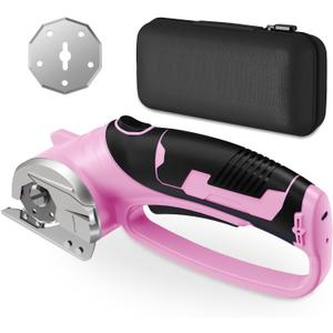 Cordless Electric Scissors, 4V Rechargeable Box Cutter & Cardboard Cutter with LED Light, Safety Lock - Rotary Cutter for Fabric, Leather, Carpet, Plastic, Crafting, Sewing with Storage Box (Pink)