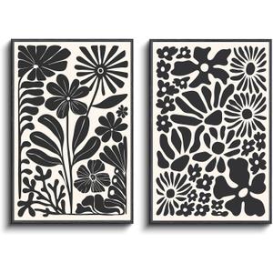 InSimSea 2 Pcs Framed Wall Art, Living Room Black White Wall Art, Modern Abstract Floral Pictures, Bedroom Above Bed Wall Decor, Canvas Prints, Vintage Farmhouse Decor, 16x24inch,Set of 2