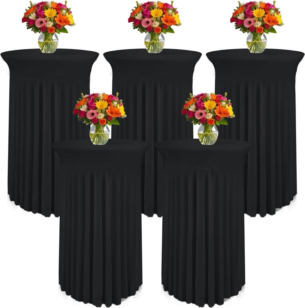 WJWHQ 5 Pack Round Spandex Cocktail Tablecloths with Skirt - Stretch Table Covers for High Top Bar, Wedding, Party, Banquet (Black, 32 x 43 Inch)