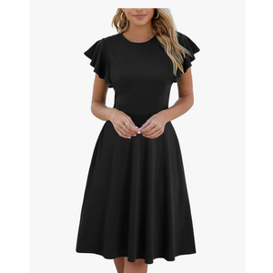 HELYO Women's Semi-Formal Ruffle Sleeves V-Back Work Fit and Flare Cocktail Knee Length Dress with Pockets, Size L