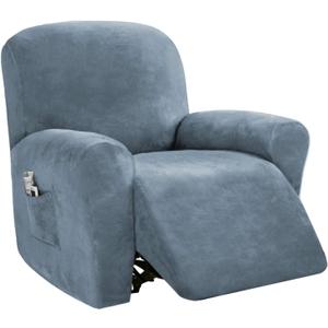 PrinceDeco Recliner Chair Cover Velvet Stretch Recliner Couch Covers 4-Pieces Style Recliner Chair Covers Recliner Cover for Reclining Chair Slipcovers Feature Non Slip Form Fitted, Stone Blue