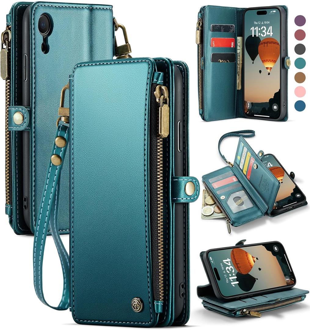 Defencase Compatible with iPhone XR Case Wallet with RFID Blocking Card Holder for Women Men, Fashion PU Leather Magnetic Snap Flip Zipper Strap Wallet Phone Case Fit for iPhone XR 6.1", Blue Green