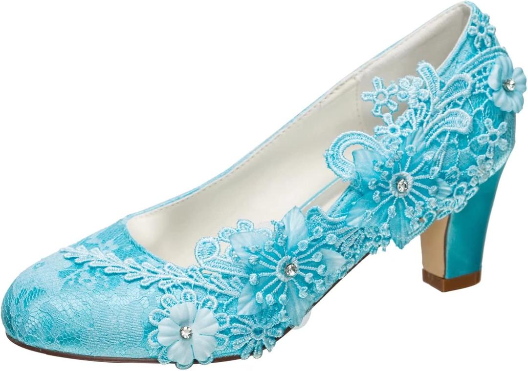 Wedding Shoes Women's Silk Like Satin Chunky Heel Pumps with Stitching Lace Flower Crystal Pearl (9, Cyan-Blue)