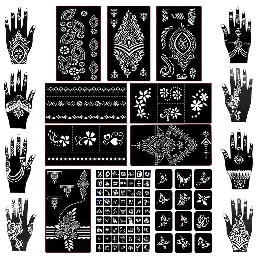 Koogel 18 Sheets 97PCS Henna Tattoo Stencil Kit, Reusable Mehndi Templates for Indian Weddings, Bridal Mehndi, Music Festivals, Summer Parties, Body Art Temporary Tattoo Stencils (Black)