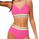 DONWEN Girls Swimsuits V Neck Bikini Set Textured High Waist Girl Two Piece Bathing Suit (15-16 Years, Pink)