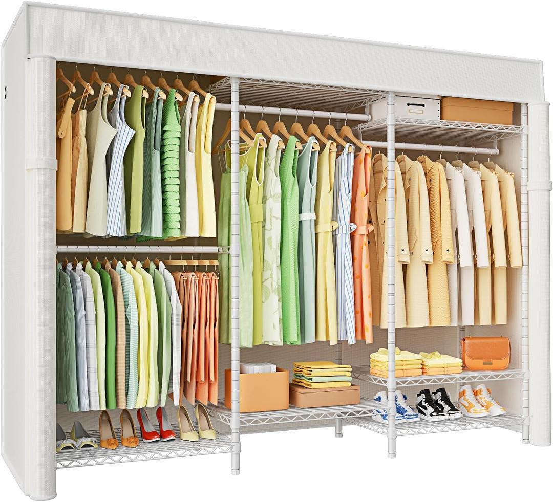 Ulif E13C Heavy Duty Closet Organizer SystemFreestanding Clothing Racks for Hanging ClothesAdjustable Garment Rack 63" W x 16" D x 77" H Hold 960 lbsWhite Clothing Rack with White Dustproof Cover