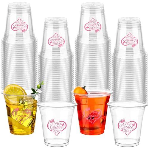 Furbeko Quinceañera Plastic Cups Bulk 10oz Disposable Mis Quince Anos Clear White Reception Cup Sweet Party Favors for Guests