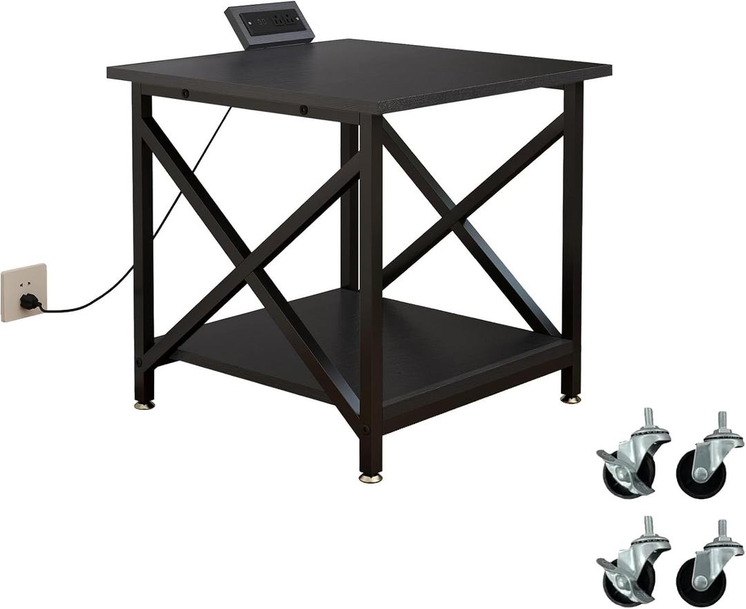 Large Printer Stand with Power Outlet, with Storage Shelf, 2 Tier Rolling Printer Cart with Industrial Wheels, 23.6 x 23.6 Inches Printer Table for Home Office, Black