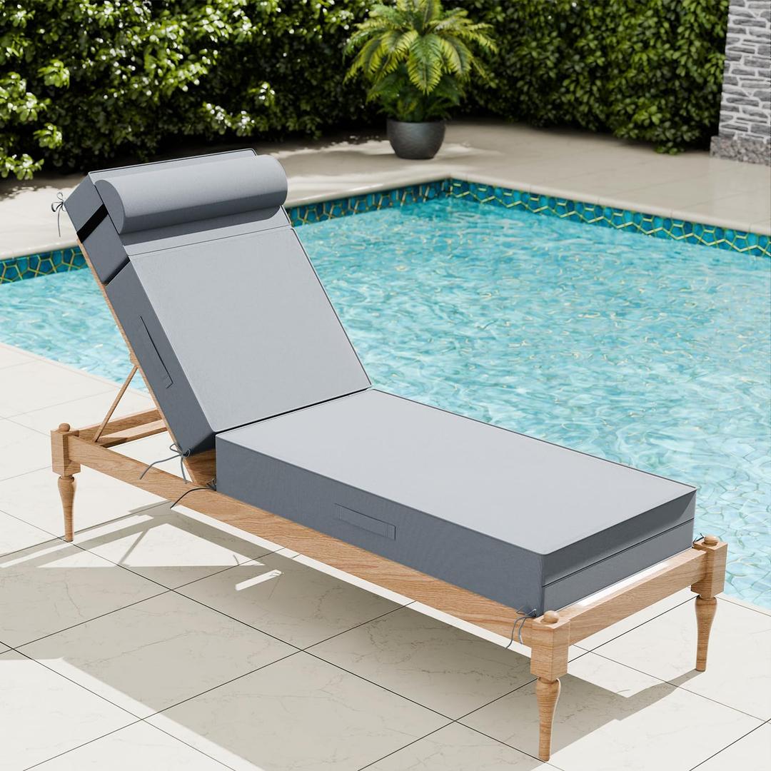 Outdoor Olefin Chaise Lounge Cushions with Pillow, 72"x 21"x5" Water Resistant and Fade Resistant Patio Furniture Lounge Chair Pads with Straps Ideal for Patio, Lawn, Garden, Light Gray