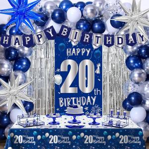 20th Birthday Decorations for Boys Girls Men, Blue Happy 20 Birthday Decorations for Him Her, Boy 20th Birthday Door Banner, Balloons Tablecloth Foil Backdrop Star Balloons for 20 Year Old Party Decor