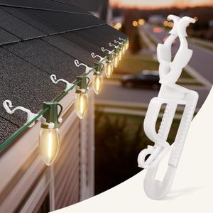 Universal Christmas Lights Clips, 100 Count All-in-One Gutter Clips for C7/E12, C9/E17 Lights, Mini String Lights, Rope Lights, Outdoor Christmas Decor, Upgrade White