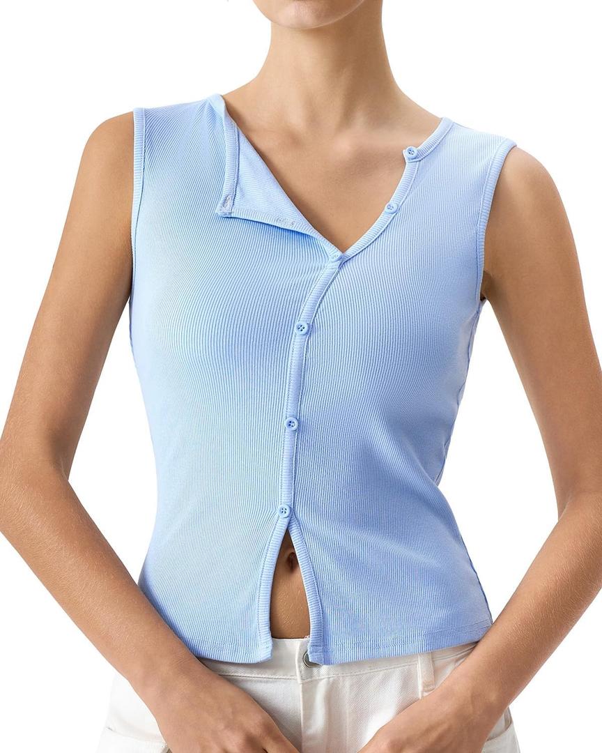 QINSEN Women's Sleeveless Ribbed Crewneck Tank Top Upper Button Fastening Shirts Going Out Tops, XS