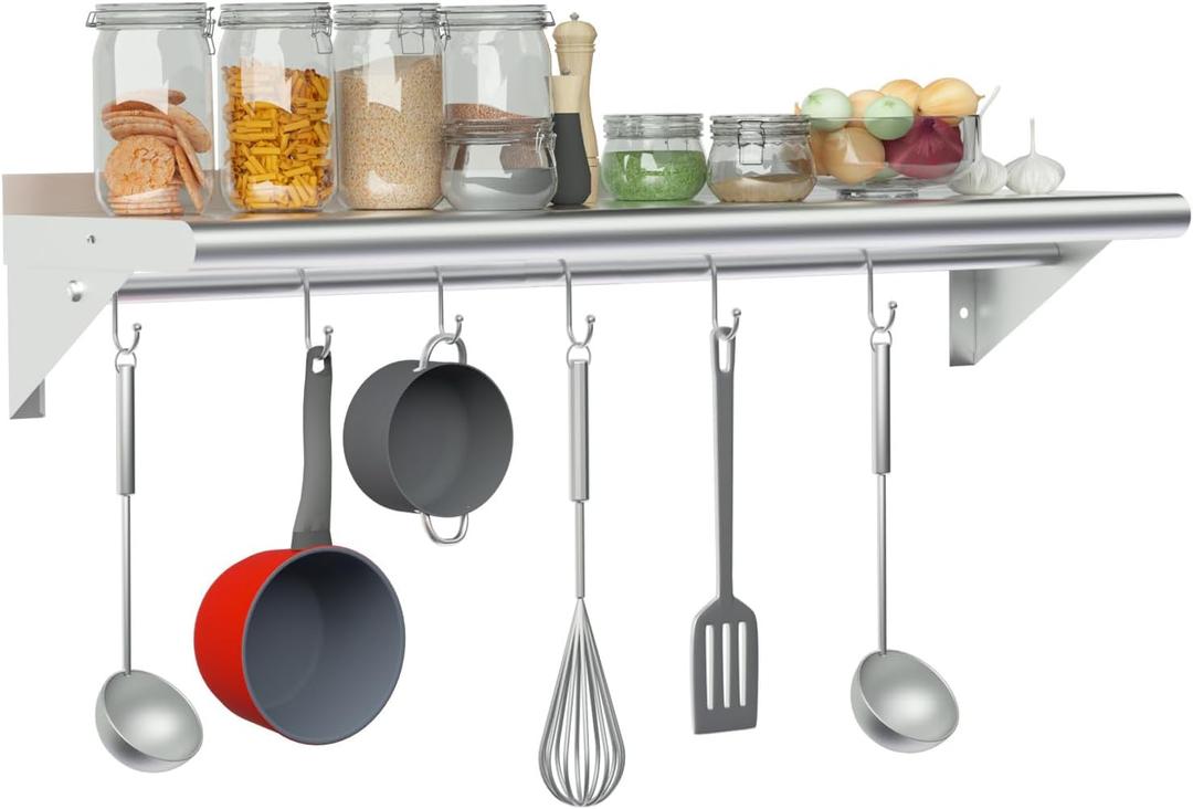 Treshin Stainless Steel Shelf with 6 Hooks 14 x 36 Inches, Commercial Wall Mount Floating Shelving Storage Pot Rack for Restaurant, Kitchen, Home, Bar and Hotel