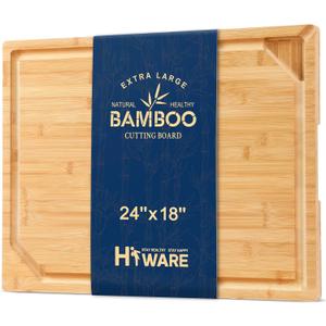 24 x 18 Extra Large Bamboo Serving Boards for Kitchen, Heavy Duty Wood Butcher Block Chopping Board with Handle and Juice Groove for Meat, Large Charcuterie Board, Over the Sink Cutting Board (Natural)