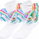 LSULIBYB Girls Christmas Rainbow Ruffle Socks, Cotton Ankle Socks with Snowflake Pattern, Double Lace Frilly Turn Cuff, 1-10T (US, Age, 6 Years, 8 Years, 2 Pairs/ Rainbow Snowflake)