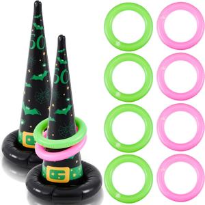 Leitee 10 Pcs Inflatable Witch Hat Ring Toss Game Set Carnival Pink and Green Inflatable Ring Toss for Witch Themed Birthday Party Decoration Indoors Outdoors