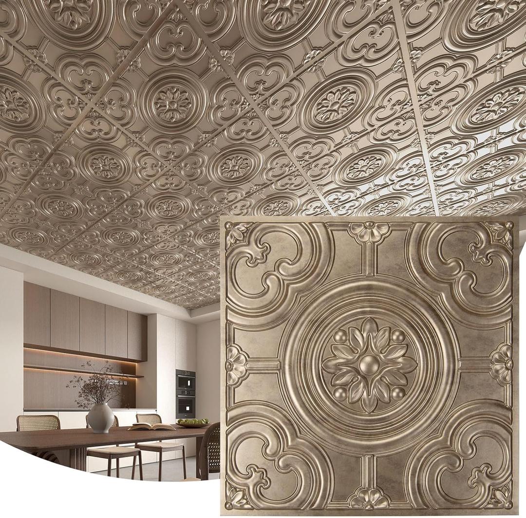 WOWSTAR 12-Pack 24"x24" Drop Ceiling Tiles, Waterproof Glue up Ceiling Panels, Antique Gold