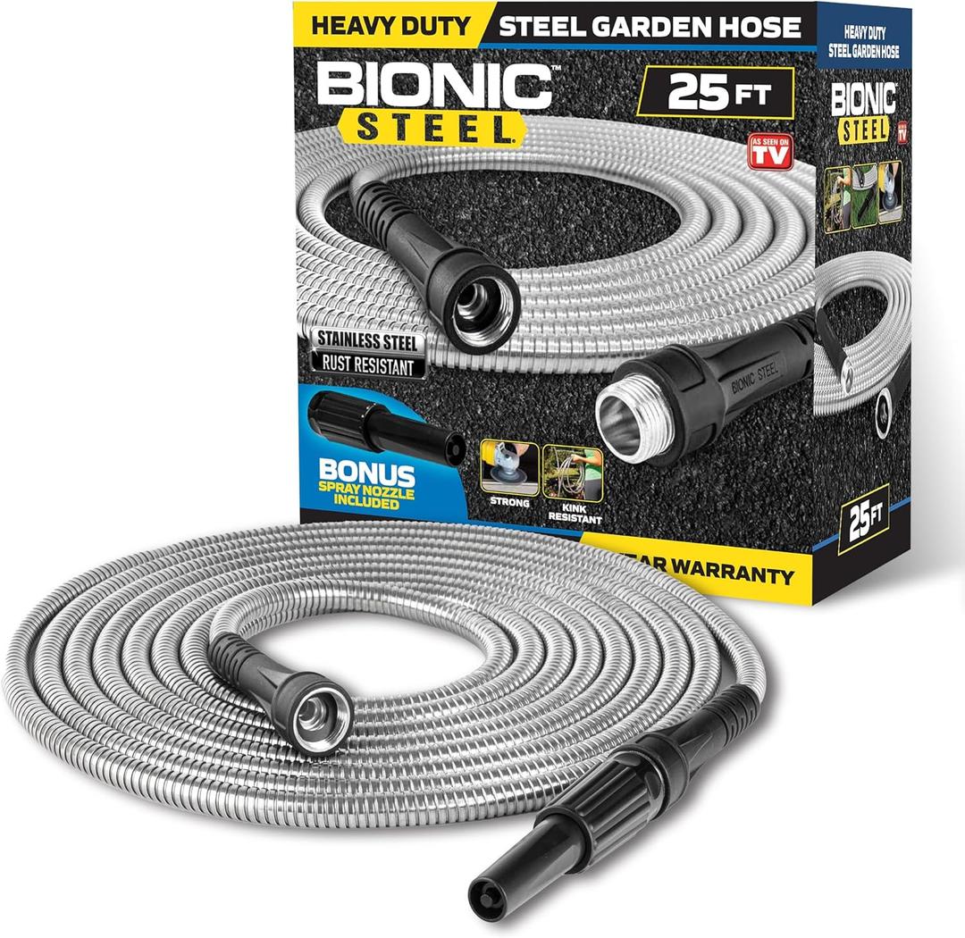 Bionic Steel 25 Ft Short Metal Garden Hose with Nozzle, Premium 304 Stainless Steel Metal Water Hose 25Ft, Flexible, Kink Free, Lightweight, Heavy Duty, Crush Resistant Fittings, 500 PSI, 2025 Model