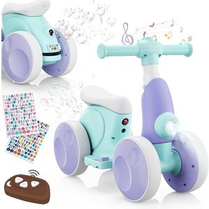Electric Baby Balance Bike with Bubble Machine for 1 Year Old Boys Girls 4 in 1 Toddler Balance Bike 12-48 Month Kids Bubble Bike Ride Toys First Birthday Gift with Powered Motor,Music,LED Lights (Purple&Blue)