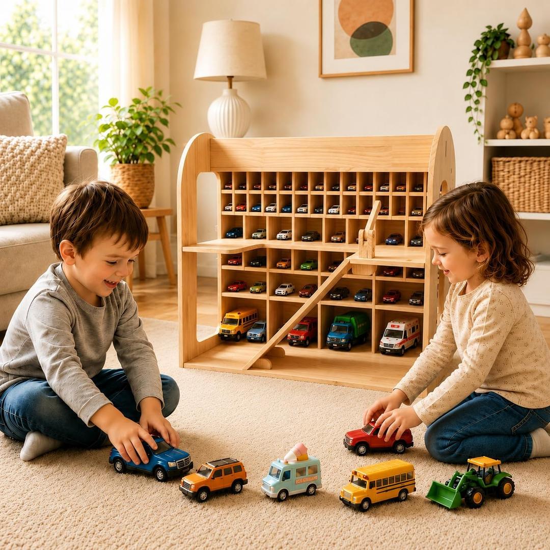 Wooden Toy Car Garage, Pine Wood Parking Garage with Ramp, Kids Vehicle Storage Organizer, Multi-Level Display Shelf for Playroom, Gift for Boys and Girls