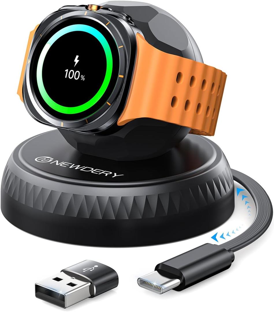 NEWDERY Retractable Wireless Charger Stand for Galaxy Watch 8,USB C Charging Cable with USB A Adapter,Magnetic Charging Station for Samsung Watch FE/7/6 Classic 5 Pro 4 3 Active 2 1