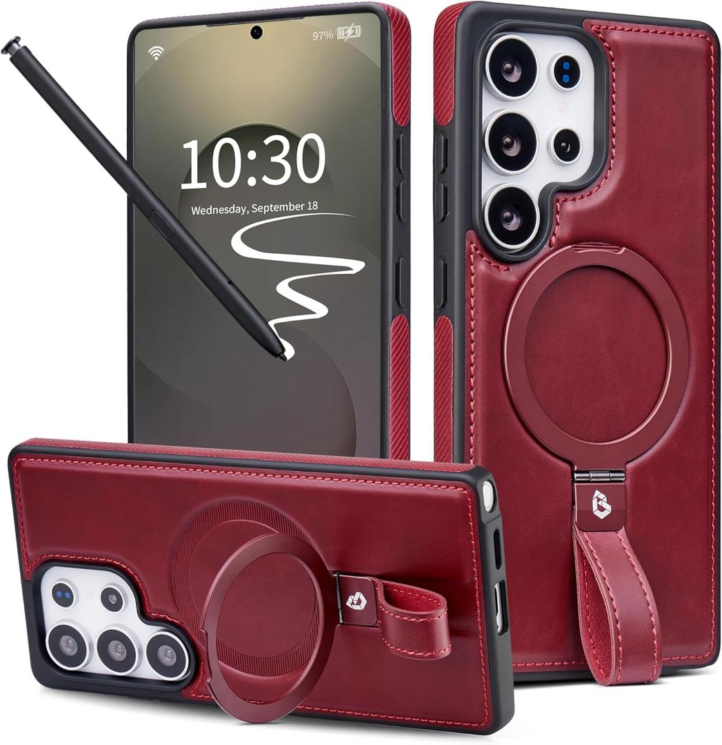 for Samsung Galaxy S25 Ultra Leather Case with Stand, Anti-Slip Grip Ring, Fits for MagSafe (Burgundy, S25 Ultra-6.9inch)