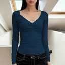 Women's Long Sleeve Slimming Tops Sexy Deep V-Neck Lace Trim Solid Color Short Shirt (L)