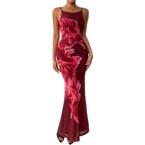 PRETTYGARDEN Womens Summer Dresses 2026 Elegant Spaghetti Straps Evening Gown Floral Print Bodycon Maxi Mesh Sundress (Red, XS)