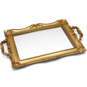 Antique Decorative Gold Framed Square Mirror Tray, Jewelry & Cosmetics Organizer for Dresser, Square - 9.5" W x 14.5" L (Golden)