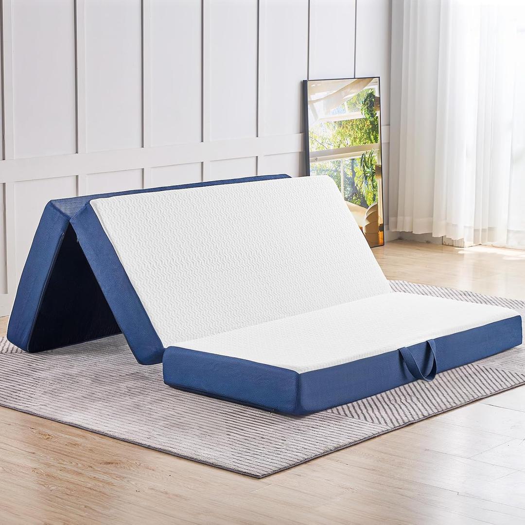 CYMULA Folding Mattress Queen Size, 4 inch Memory Foam Tri Portable Trifold Mattress Topper Queen with Breathable & Washable Cover, Foldable Sofa for Camping