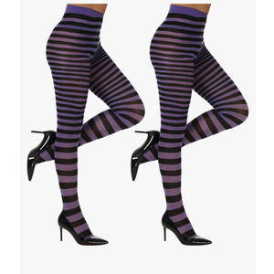 MANZI Striped Tights for Women Footed Stretchy Opaque Pantyhose for Halloween Xmas 2 Pairs, Black+purple