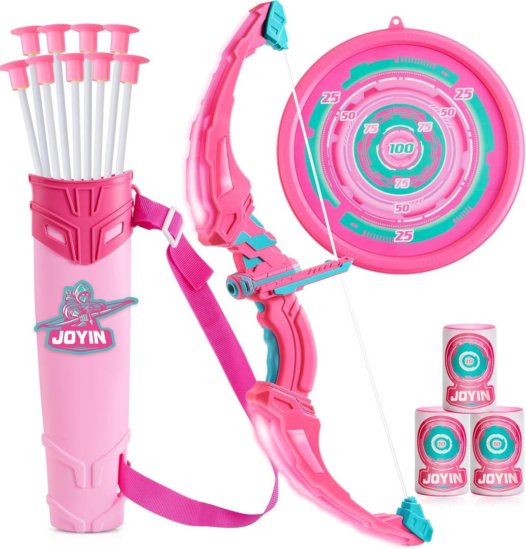 JOYIN Pink Bow and Arrow Set for Girls, LED Light Up Archery Toy Set with 9 Suction Cup Arrows, Target & Arrow Case, Christmas Indoor Outdoor Activity Toy for Kids Girls Ages 312