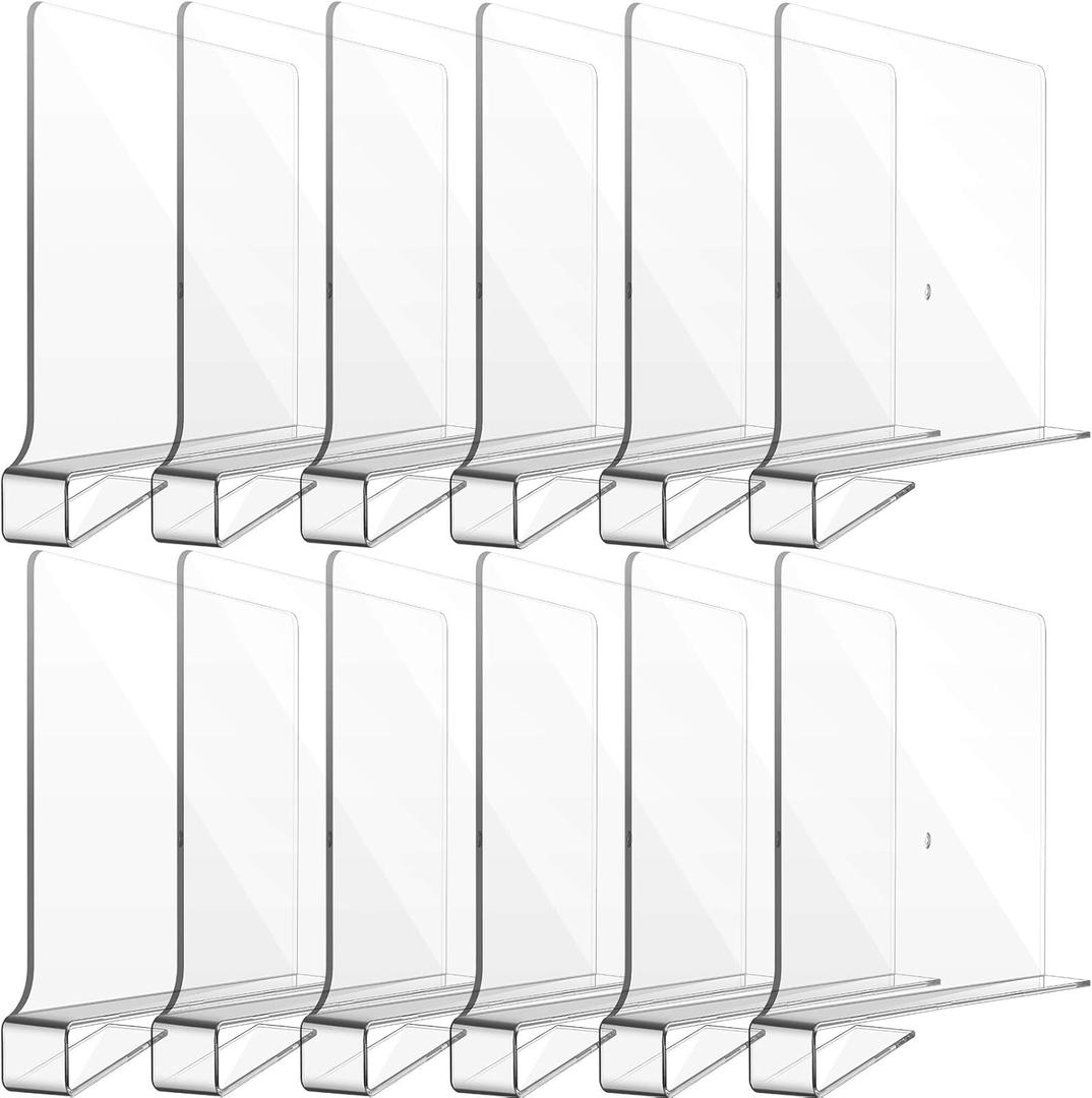 12 Pieces Clear Acrylic Shelf Dividers for Closet Organization Transparent Closet Shelf Divider Organizer Multi Functional Wood Closet Separator for Storage in Bedroom, Kitchen, Office