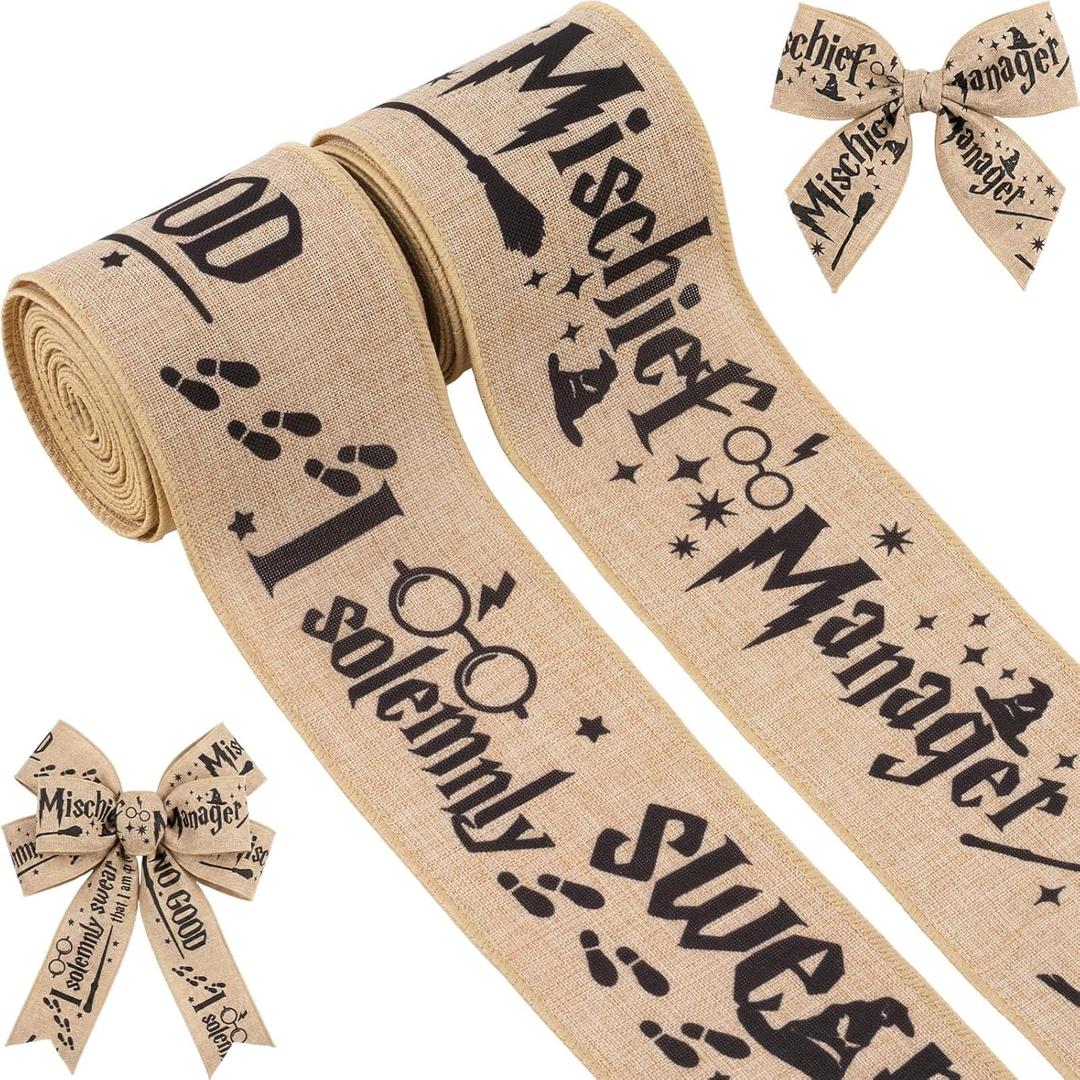 Wizard Magic Wired Burlap Ribbon 2.5" x 10 Yards, 2 Rolls Vintage Text Print 'I Solemnly Swear' Theme for Christmas Gift Wrapping Wreath Bow Making DIY Crafts Tree Decor