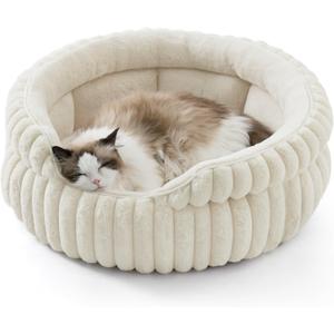 Bedsure ComfyFleece Cat Bed, Washable Round Cute Cat Beds for Indoor Cats, Super Soft Corduroy Pet Bed for Puppy and Kitten with Anti-Slip Bottom, 23''x23''x8.5'', Cream