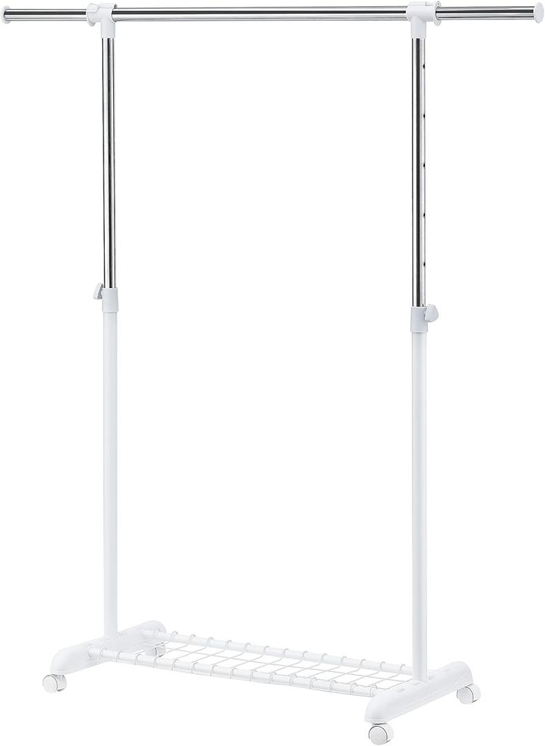 LiaMeE Adjustable Clothing Rack for Hanging Clothes, Heavy Duty Garment Rack with WheelsFree Standing Rolling Clothes Rack with Shelf & Grid, Easy Assembly Standard Rod, White & Chrome