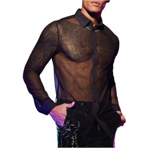 COZYEASE Men's See Through Mesh Button Down Shirt Long Sleeve Collared Tops Streetwear, L