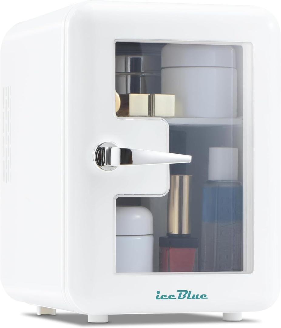 Iceblue Skincare Fridge with Viewing Window, 4L/6Can Makeup Mini Fridge for Bedroom, 110V AC/ 12V DC Refrigerator Cooler & Warmer for Car, Office & Dorm, Small Fridge for Cosmetics, Skin Care-WHITE