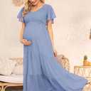 Swiss Dot Smocked Maternity Dress for Baby Shower Photoshoot Casual V Neck Ruffle Sleeve Empire Waist Tiered Boho Dress, Size: XX-Large (Blue)
