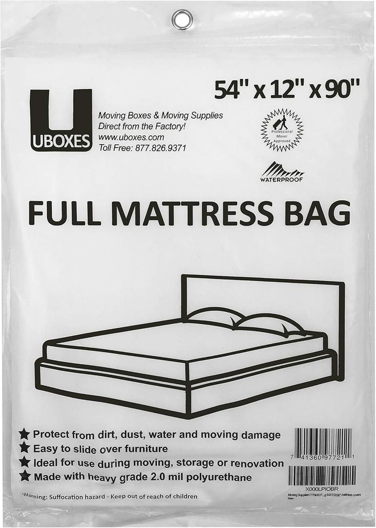 UBOXES Moving Supplies Full Size Mattress Bag 54" x 12" x 90" (FULLSCOVER01),Clear