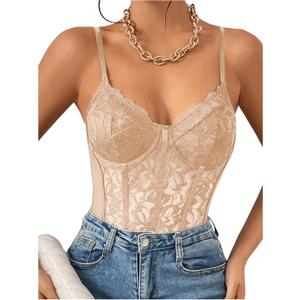 Milumia Women's Sexy Sheer Mesh Lace Bodysuit Spaghetti Strap Bustier Corset Tops Rave Party Club (Apricot) X-Large 