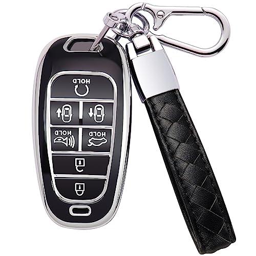 Kespevn for Hyundai Key Fob Cover 7 Button with Leather Keychain Soft TPU 360 Degree Protection Car Key Case Shell Holder Fits for 2023 2022 2021 2020 Hyundai Sonata Santa fe Tucson, Black