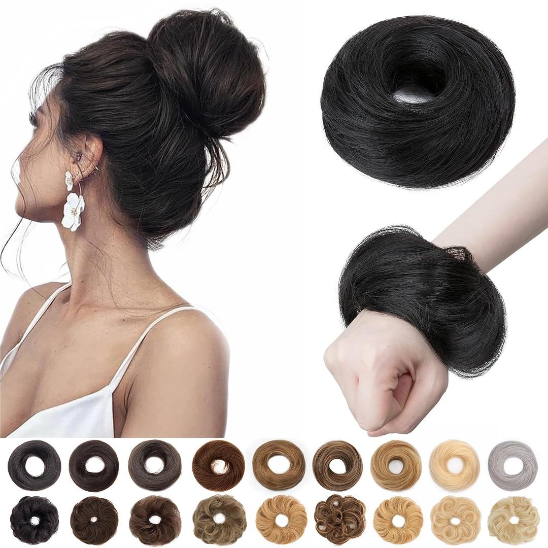 S-noilite Messy Bun Hairpiece Real Human Hair for Women Tousled Updo Scrunchie Donut Chignon Realistic Natural Bun Hair Piece Jet Black