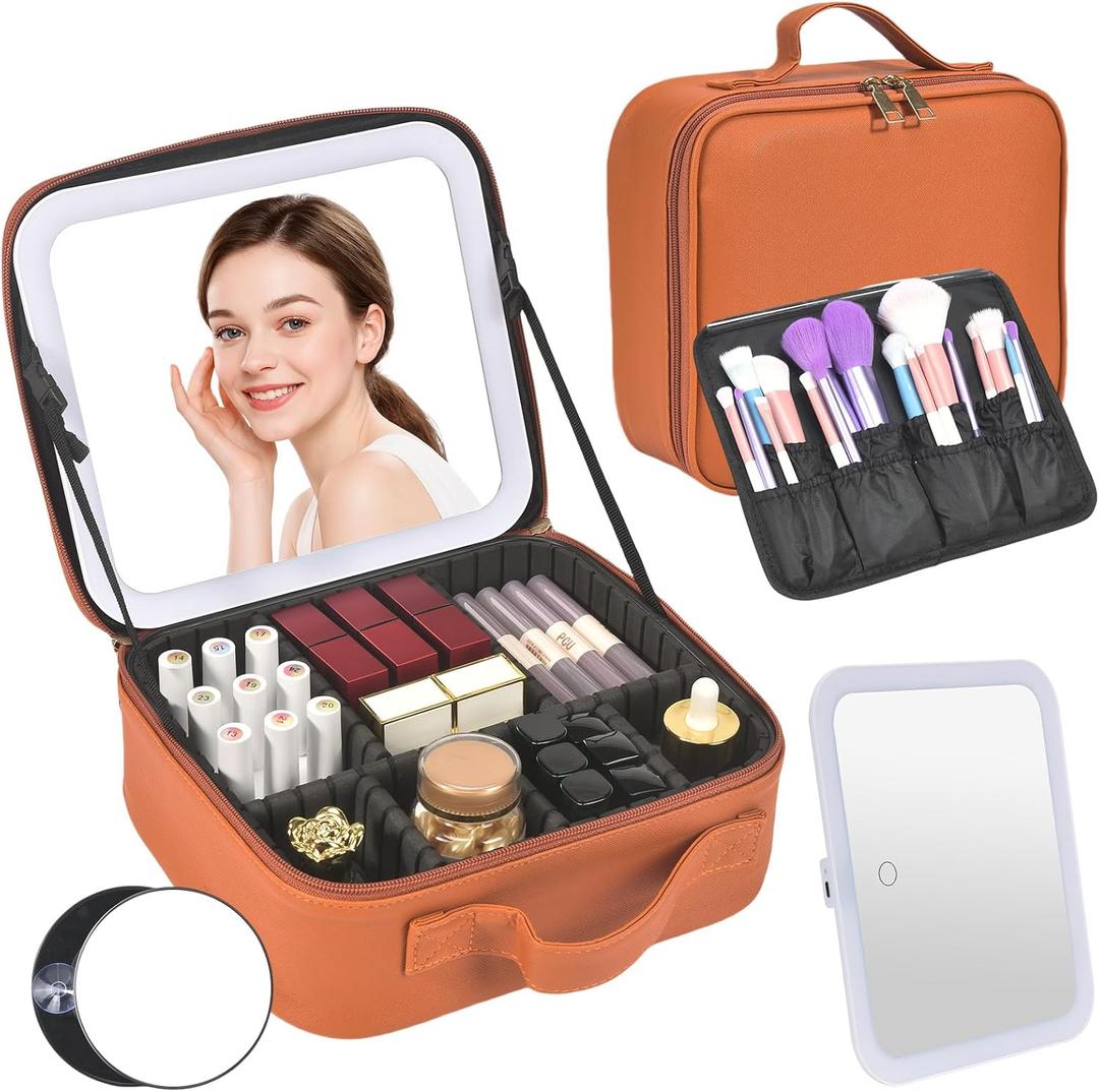 Travel Makeup Bag, Portable Makeup Case with LED Mirror, Removable Mirror with 3 Color Modes, 6 Adjustable EVA Dividers for Brushes Toiletry Jewelry Digital Accessories, Tangerine