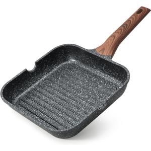 Nonstick Grilling Pan for Stove Tops, 11 Inch Square Grill Pan for Indoor Cooking, Granite Coating Grill Skillet with Pour Spouts, Versatile Griddle, Induction Steak Pan, PFOA Free