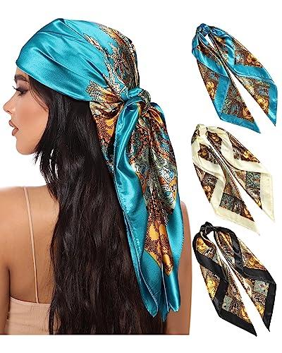 AWAYTR 35” Large Square Satin Head Scarf - 2Pcs Hair/ Neck Scarves Bandana Beach Silk Feeling Headscarf for Women Hair Wrap Paisley/Black/Beige)